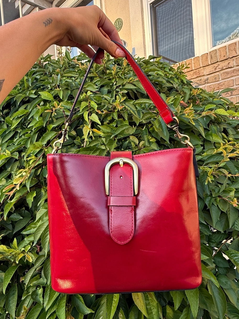 Patricia Nash Irving Bucket Bag Berry Red Italian Leather Crossbody Satchel Boho